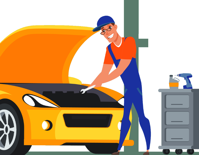 Cartoon animation of a mechanic working on a vehicle - MOT, Servicing & Repairs Liverpool